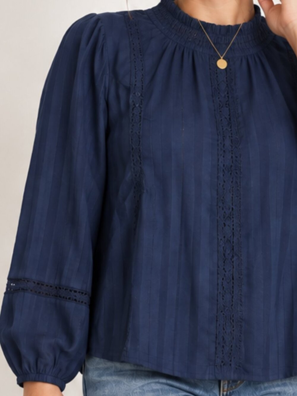 Time and Tru Navy Cotton Blouse Lace Detail Size Medium